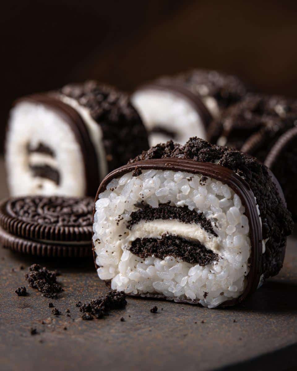 Close-up of Oreo sushi roll with rice, cream filling, and Oreo crumble topping. Sweet dessert sushi.