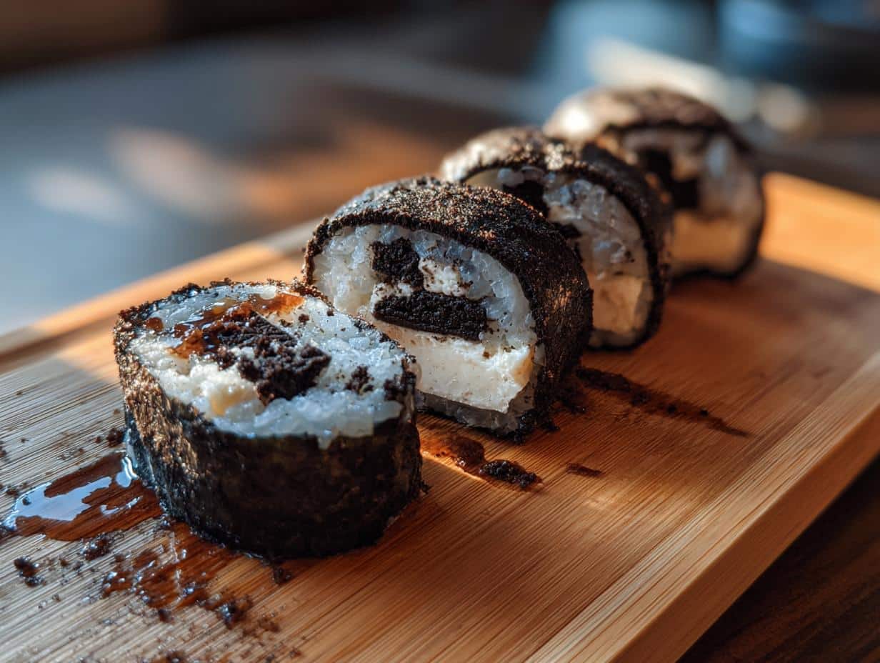 Close-up of Oreo sushi rolls filled with cream, arranged on a wooden board. Sweet dessert sushi.