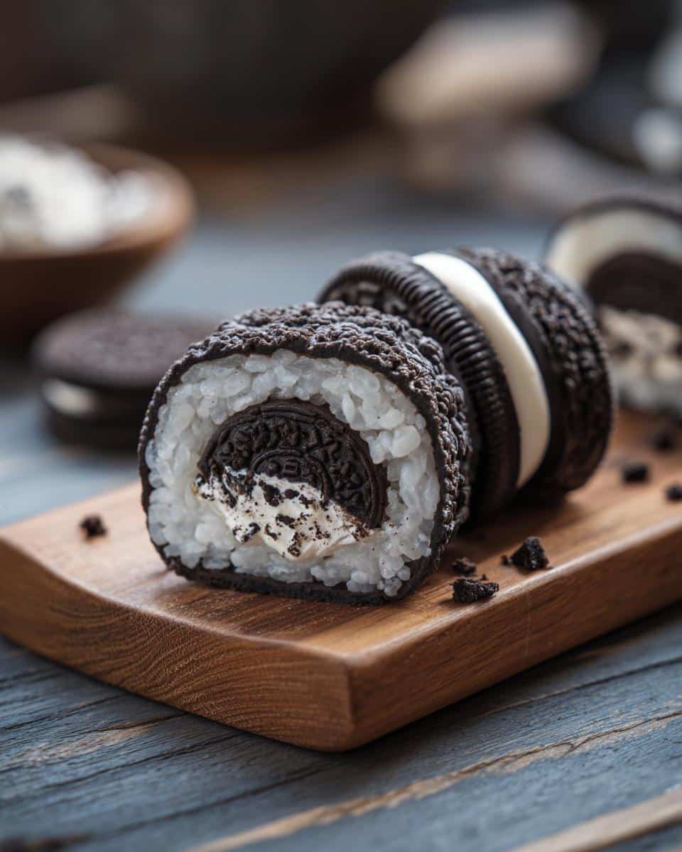 Close-up of Oreo sushi, featuring Oreo cookies wrapped in rice, served on a wooden board.