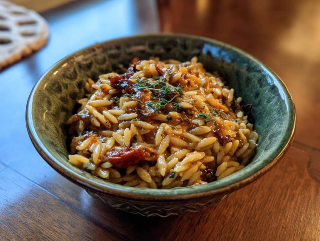 A bowl of delicious orzo pasta salad with sun-dried tomatoes and herbs, ready to eat.