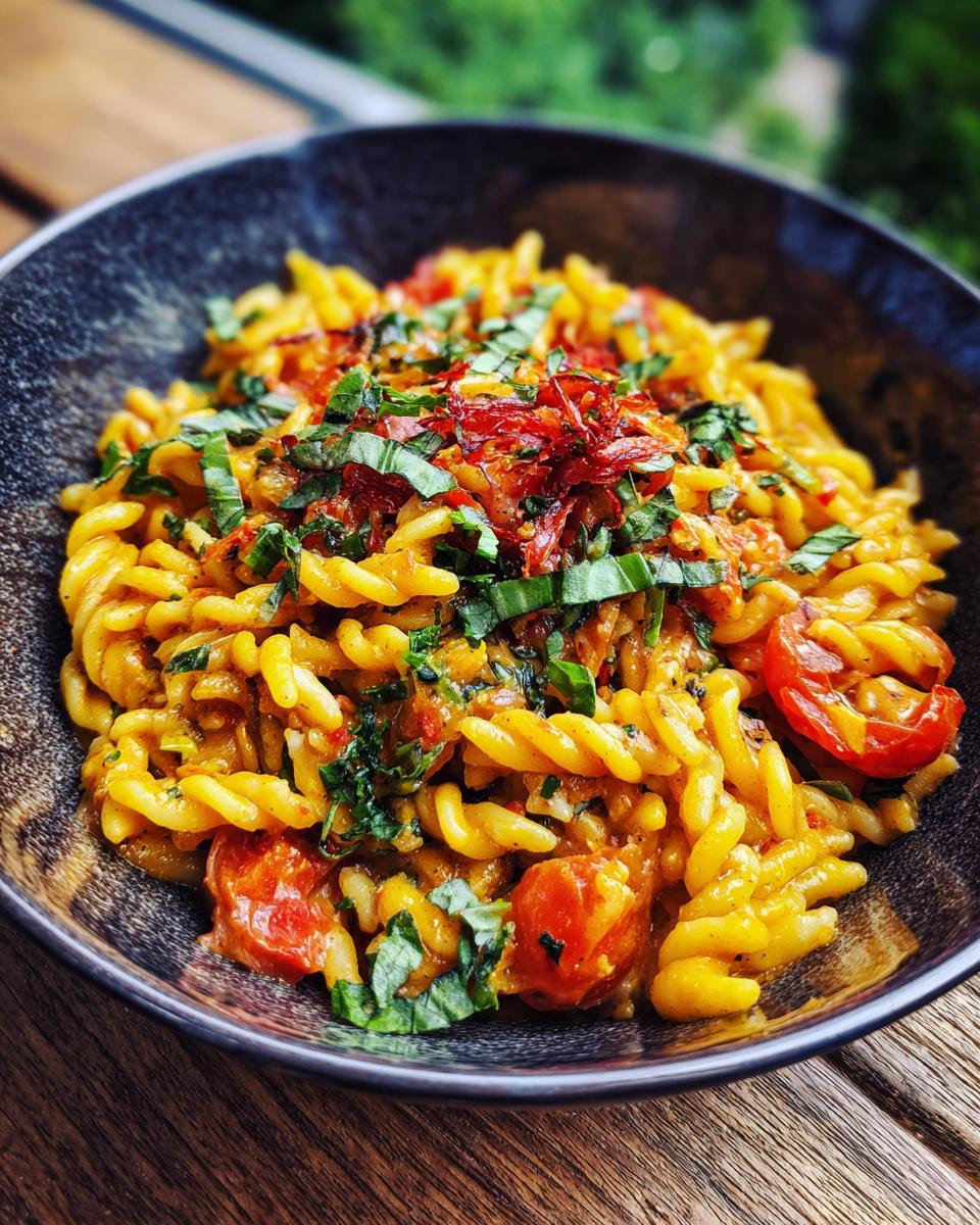 A vibrant bowl of Orzo pasta salad with tomatoes, basil, and sun-dried tomatoes, ready to enjoy.