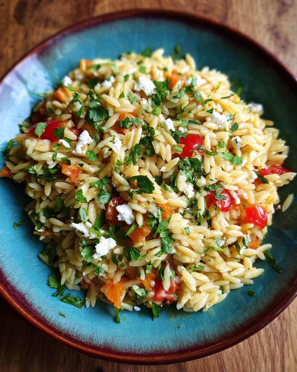 A vibrant bowl of Orzo pasta salad with tomatoes, feta cheese, and fresh parsley.