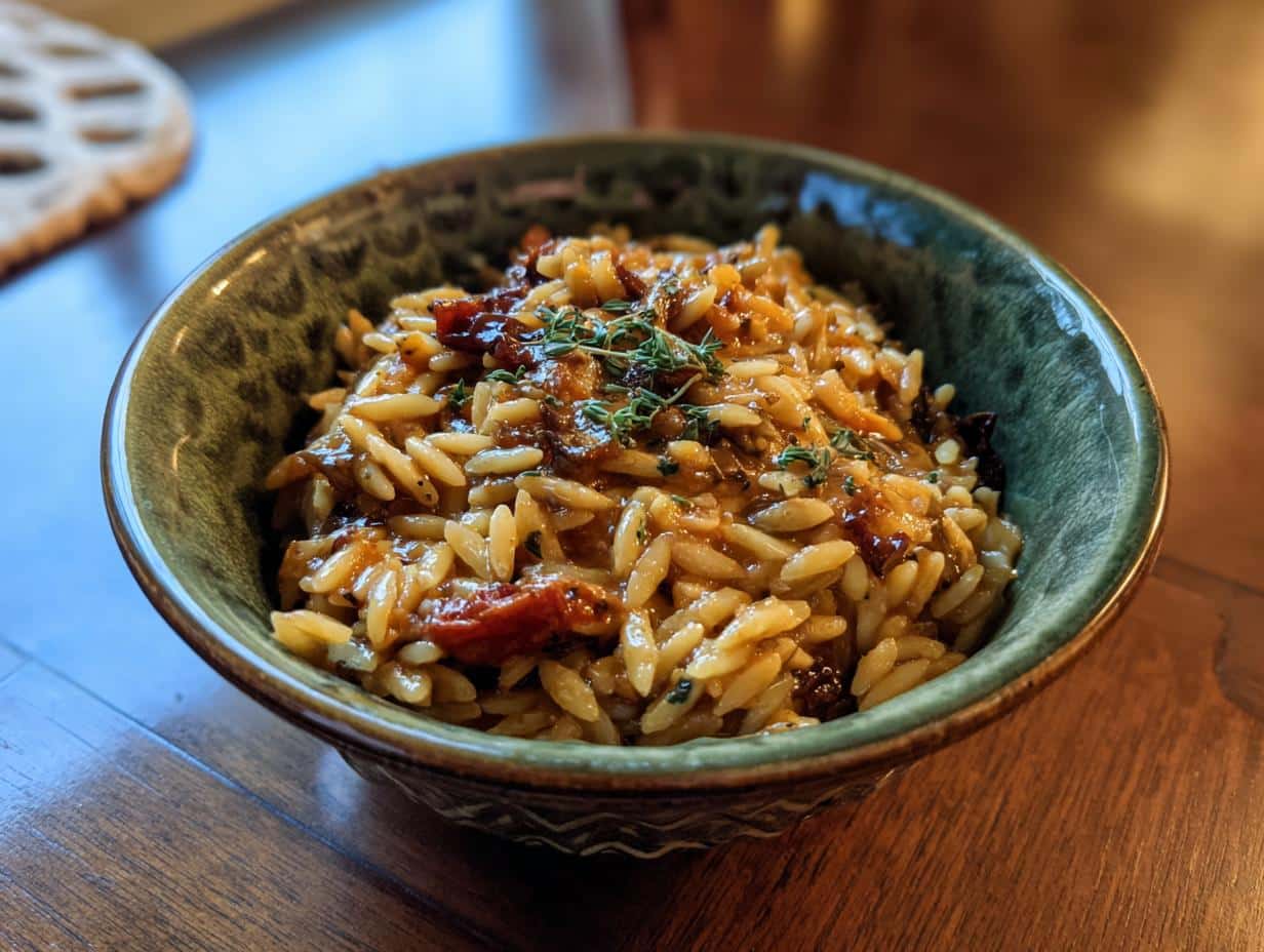 A bowl of delicious orzo pasta salad with sun-dried tomatoes and herbs, ready to eat.