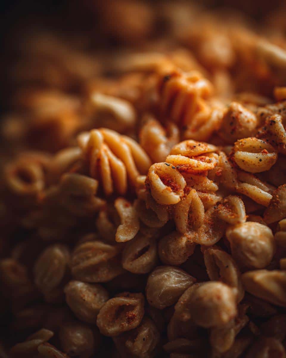 Detailed close-up of orzo pasta salad with seasonings, showcasing the texture and ingredients.