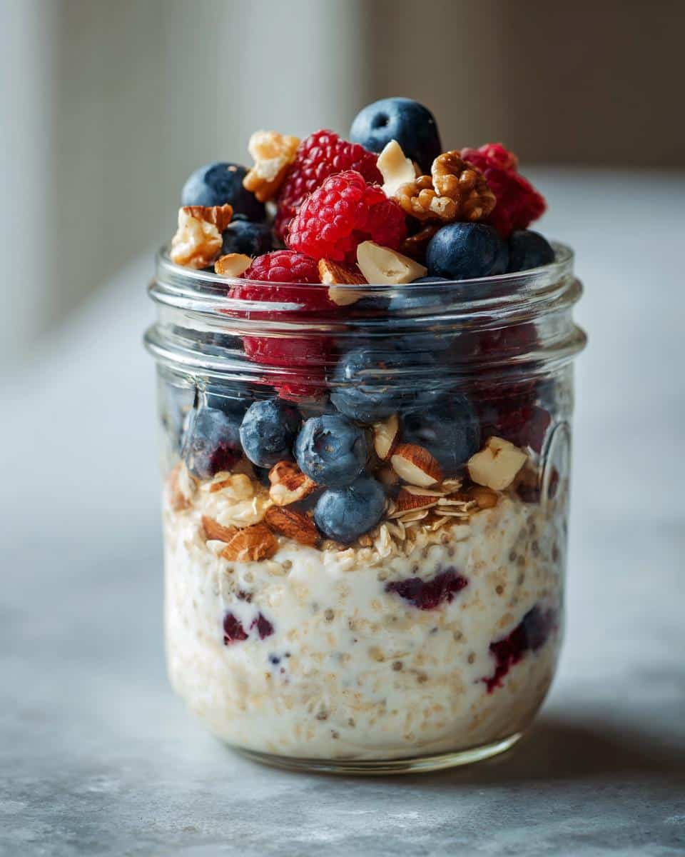 A glass jar filled with overnight oats, topped with fresh blueberries, raspberries, and nuts.
