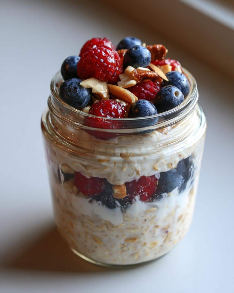 A glass jar filled with layered overnight oats, topped with fresh raspberries, blueberries, and nuts.