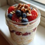 A glass jar filled with overnight oats, topped with fresh strawberries, blueberries, and walnuts.