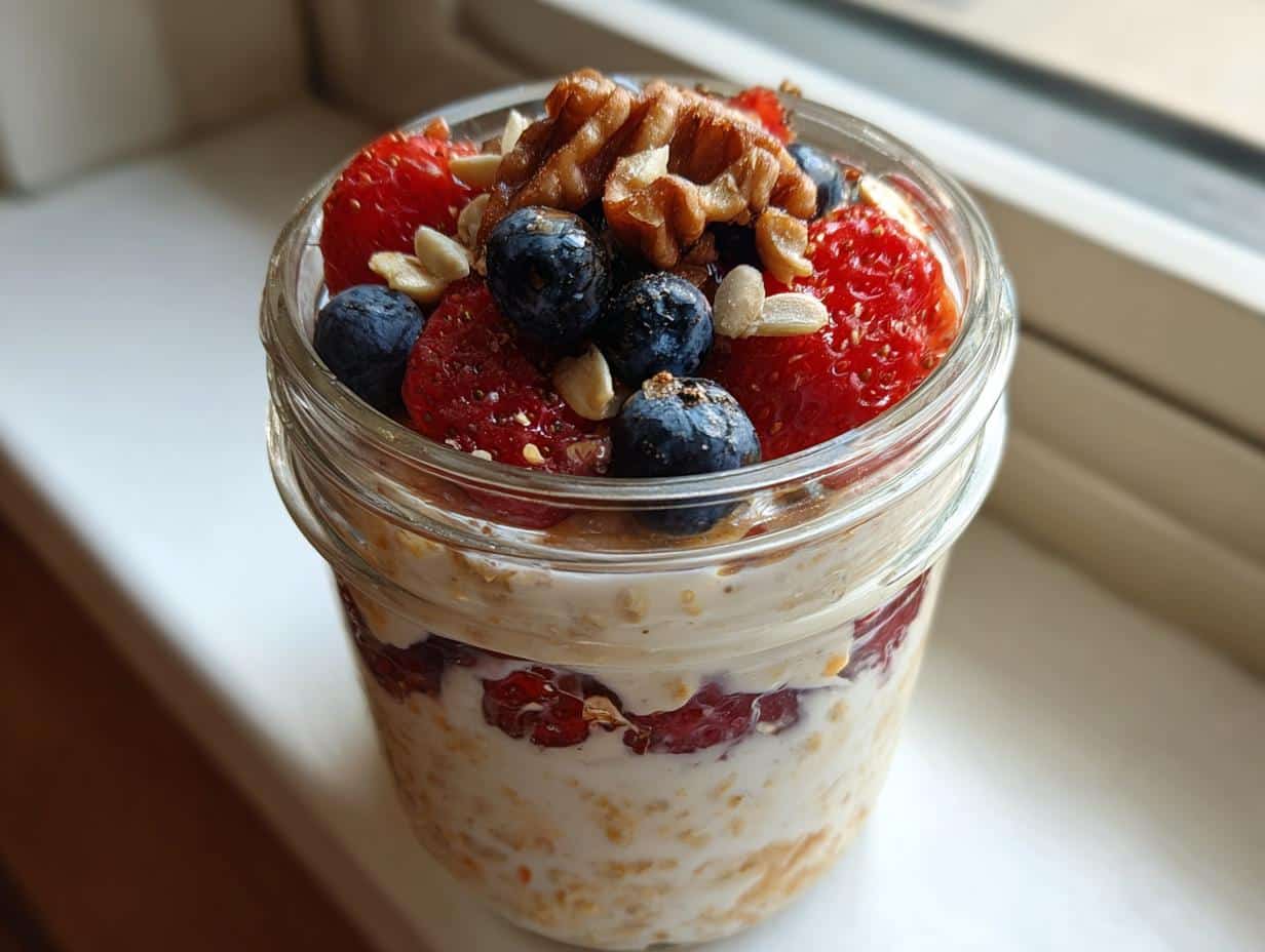 A glass jar filled with overnight oats, topped with fresh strawberries, blueberries, and walnuts.
