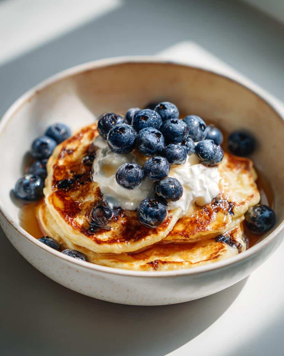 Bowl of pancake cereal topped with whipped cream and fresh blueberries.