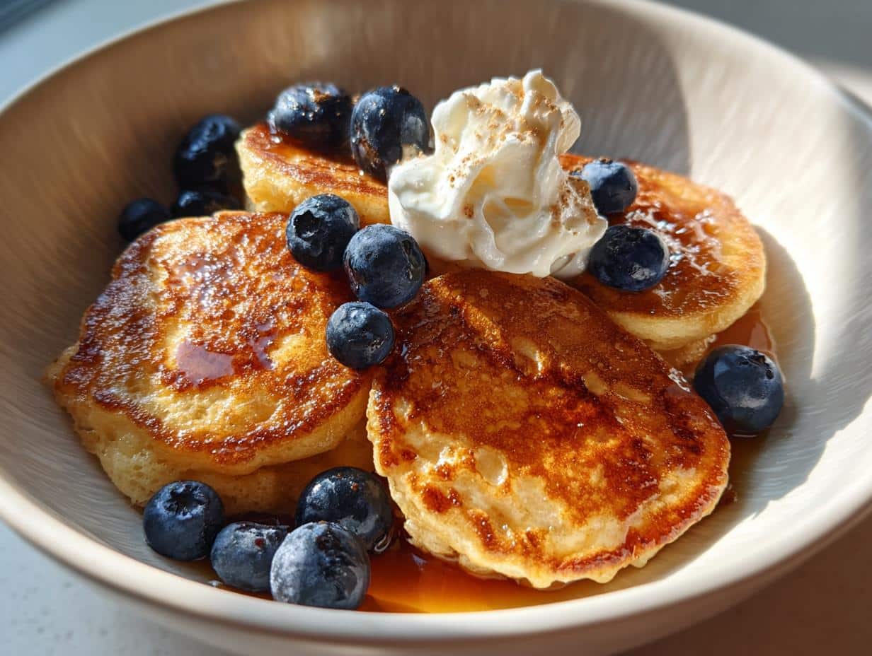 Bowl of pancake cereal topped with fresh blueberries and whipped cream.