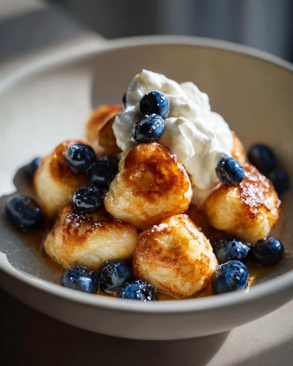 Close-up of a bowl of pancake cereal topped with whipped cream and fresh blueberries.