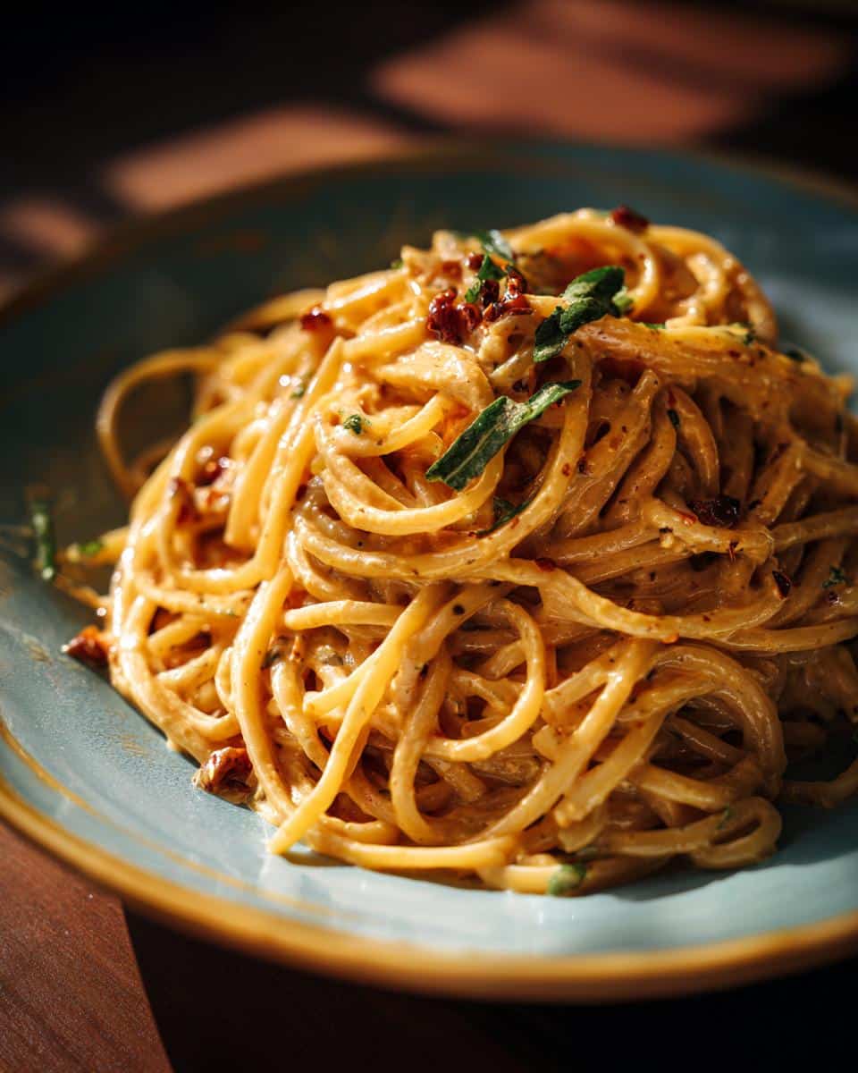 Close-up of creamy peanut noodles on a blue plate, garnished with herbs and spices.