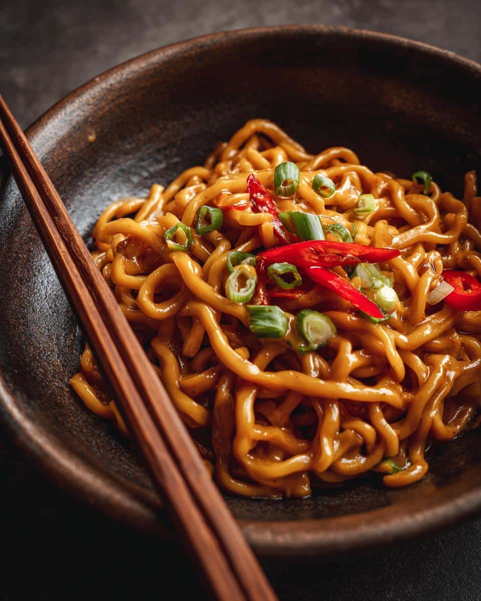 A bowl of peanut noodles garnished with green onions and red chili peppers, served with chopsticks.