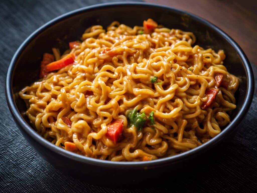 Close-up of a bowl of peanut noodles with vegetables, coated in a rich peanut sauce.