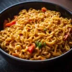 Close-up of a bowl of peanut noodles with vegetables, coated in a rich peanut sauce.