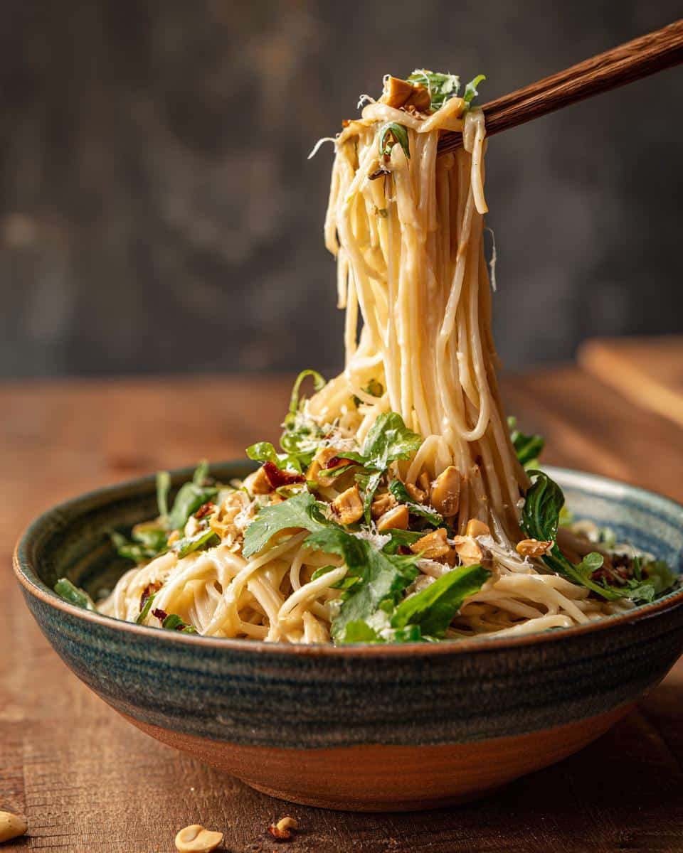 A bowl of creamy peanut noodles topped with peanuts and greens, being lifted with chopsticks.