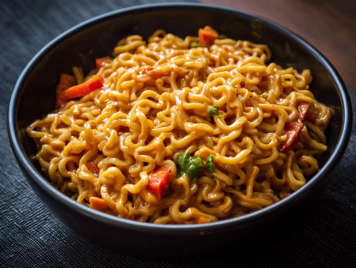Close-up of a bowl of peanut noodles with vegetables, coated in a rich peanut sauce.