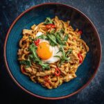 A vibrant bowl of peanut noodles topped with a fried egg, fresh arugula, and sliced red chili peppers.