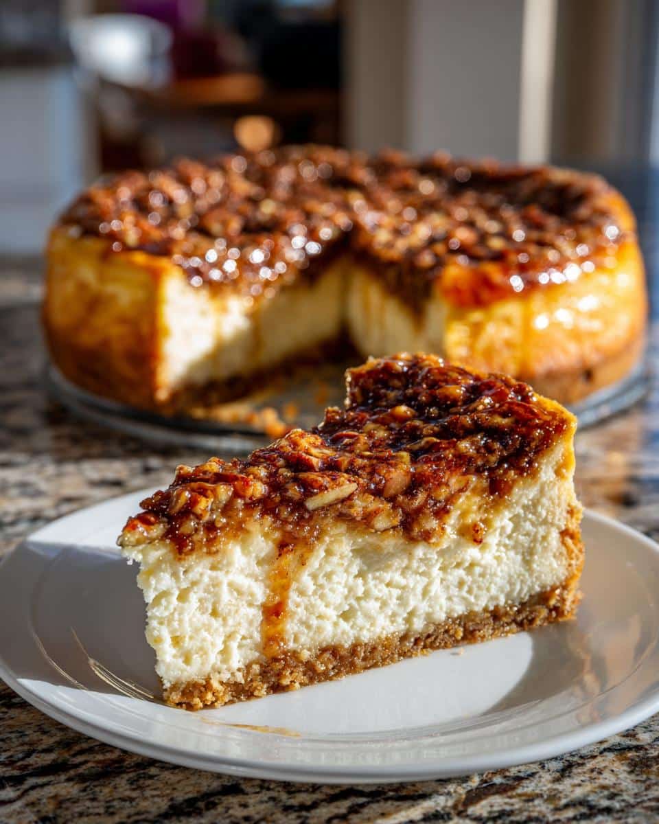 A delicious slice of Pecan Pie Cheesecake on a white plate, showcasing a creamy cheesecake filling and a rich pecan topping.