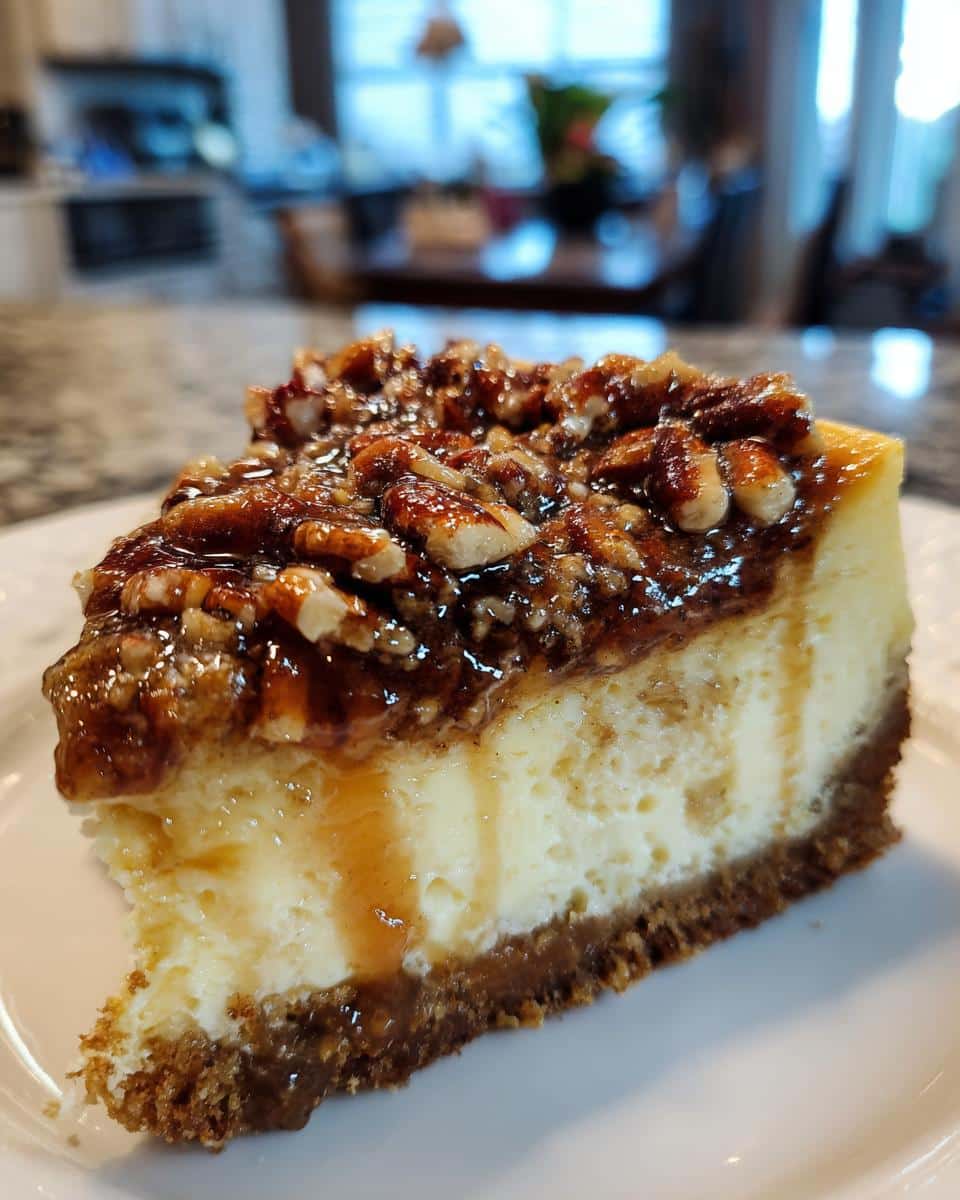 A decadent slice of Pecan Pie Cheesecake on a white plate, showcasing a creamy cheesecake filling topped with glossy pecan pie mixture.