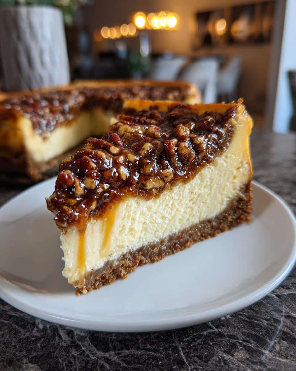 A slice of Pecan Pie Cheesecake on a white plate, featuring a creamy cheesecake filling, pecan pie topping, and a graham cracker crust.
