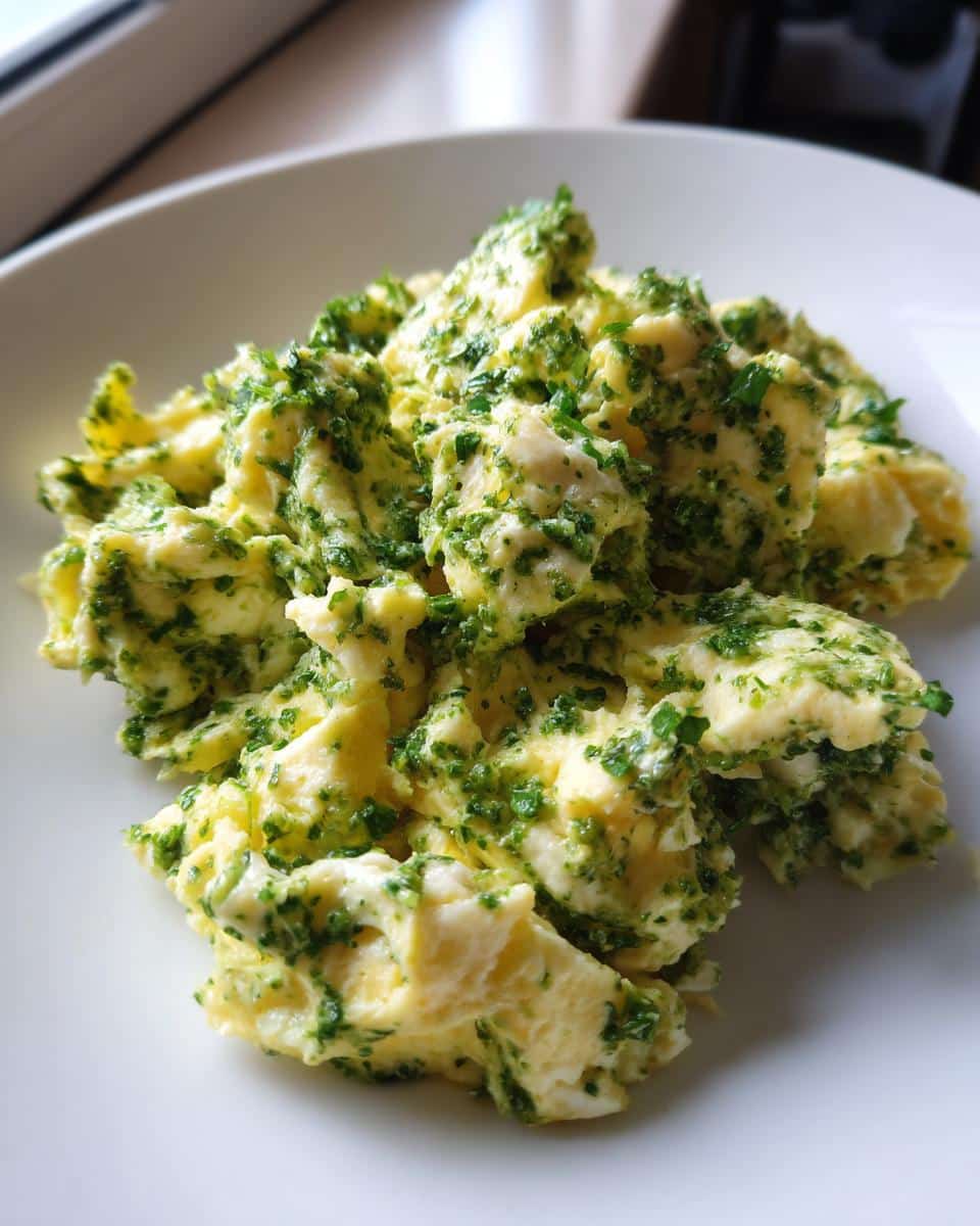 A serving of pesto-scrambled eggs on a white plate, showcasing the vibrant green pesto mixed with the fluffy eggs.