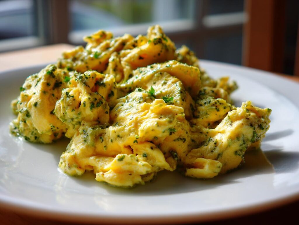A serving of pesto-scrambled eggs on a white plate, showcasing the vibrant green pesto mixed with the yellow eggs.