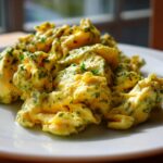 A serving of pesto-scrambled eggs on a white plate, showcasing the vibrant green pesto mixed with the yellow eggs.