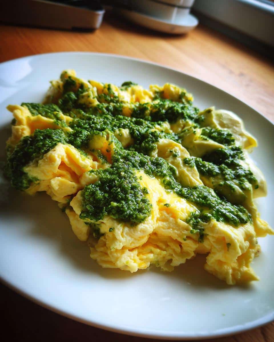 Delicious pesto-scrambled eggs served on a white plate, ready to eat.