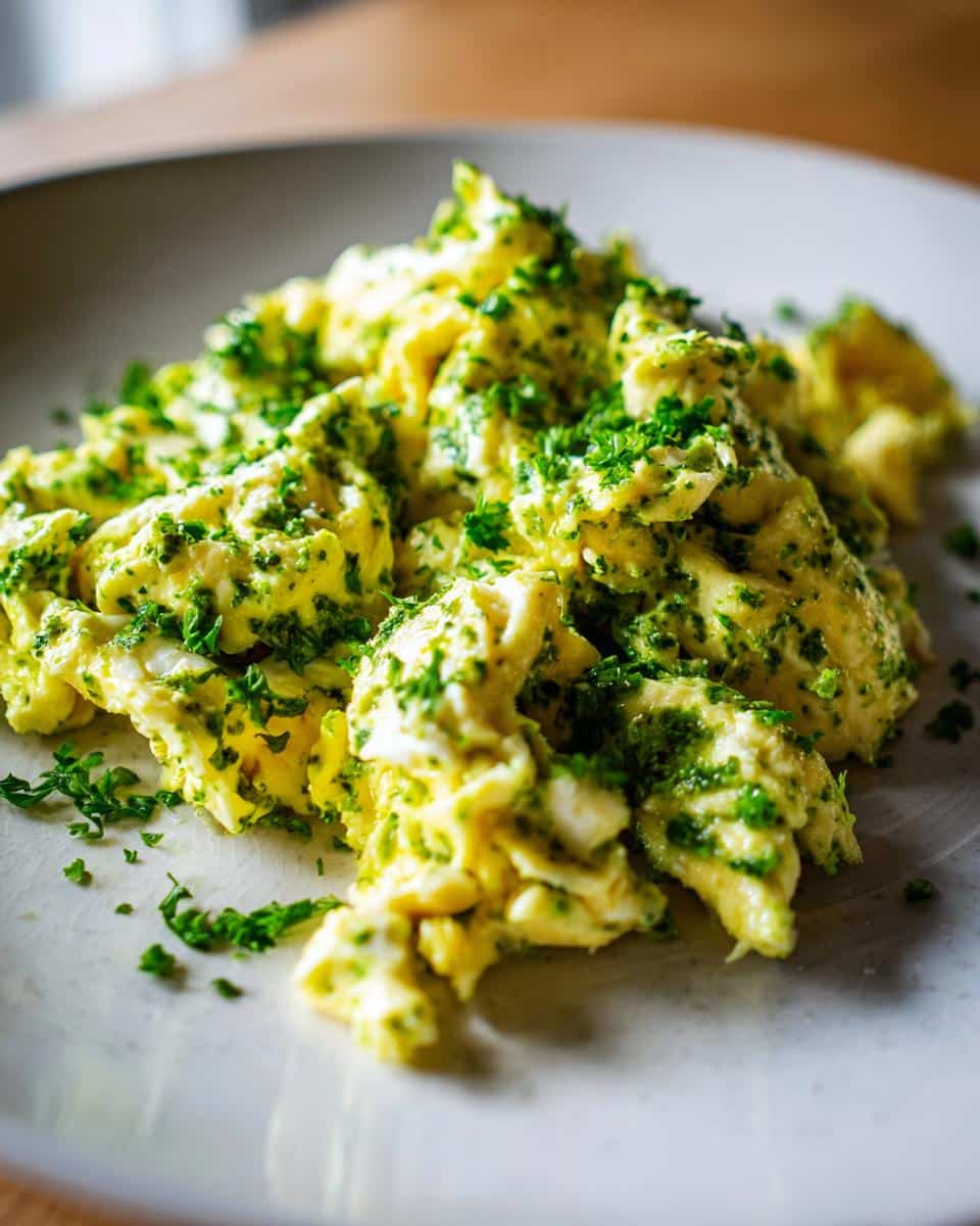 A serving of pesto-scrambled eggs on a white plate, garnished with fresh herbs.