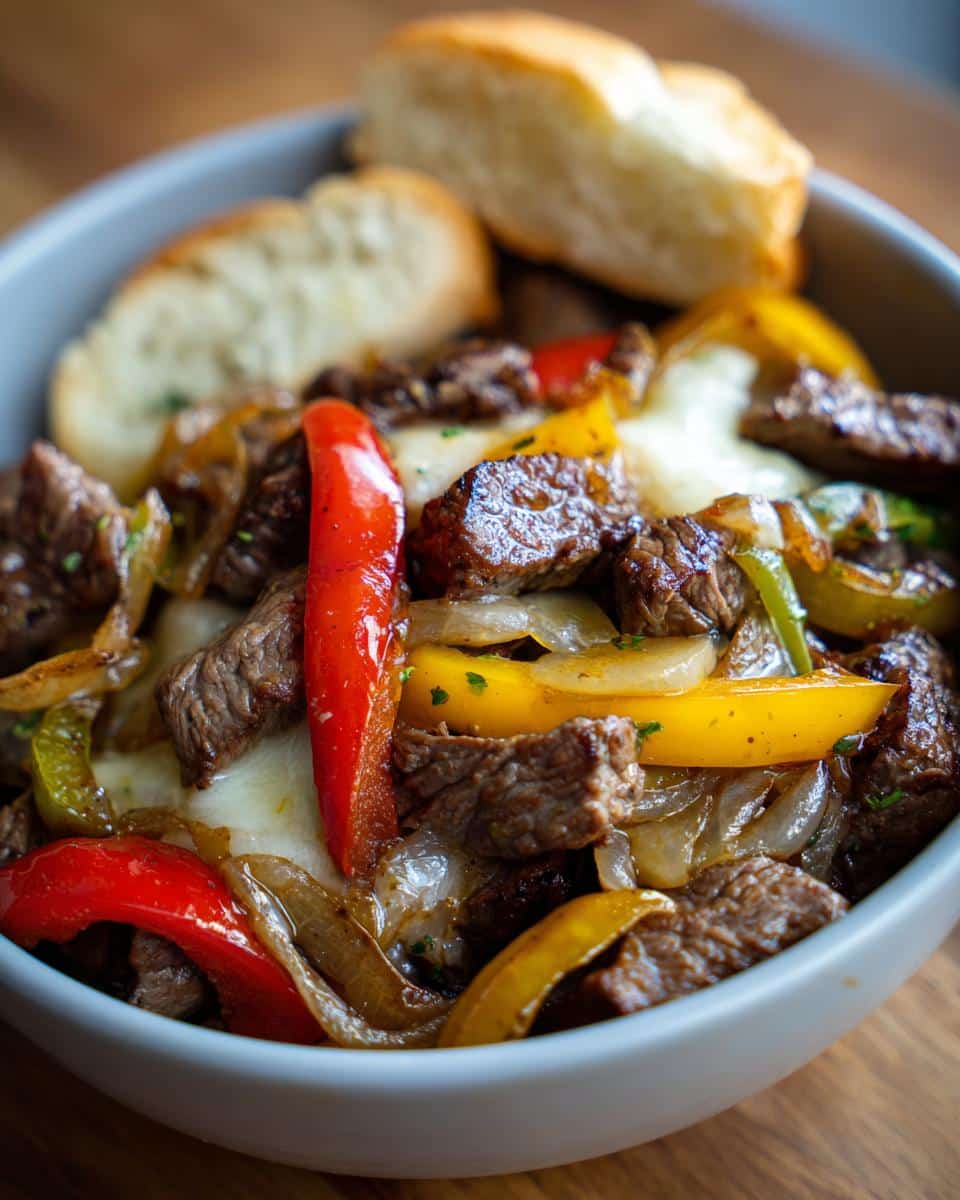 A close-up of a Philly Cheesesteak Bowl filled with tender steak, sautéed peppers, onions, and melted cheese, served with bread.