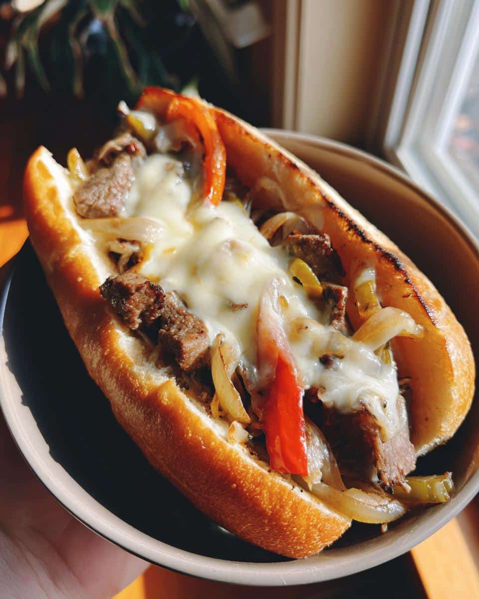 A delicious Philly Cheesesteak Bowl sandwich filled with steak, onions, peppers, and melted cheese.