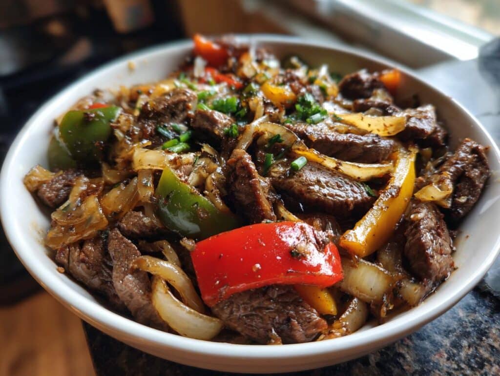 A close-up of a white bowl filled with a hearty Philly Cheesesteak Bowl, featuring sliced steak, onions, and colorful bell peppers.
