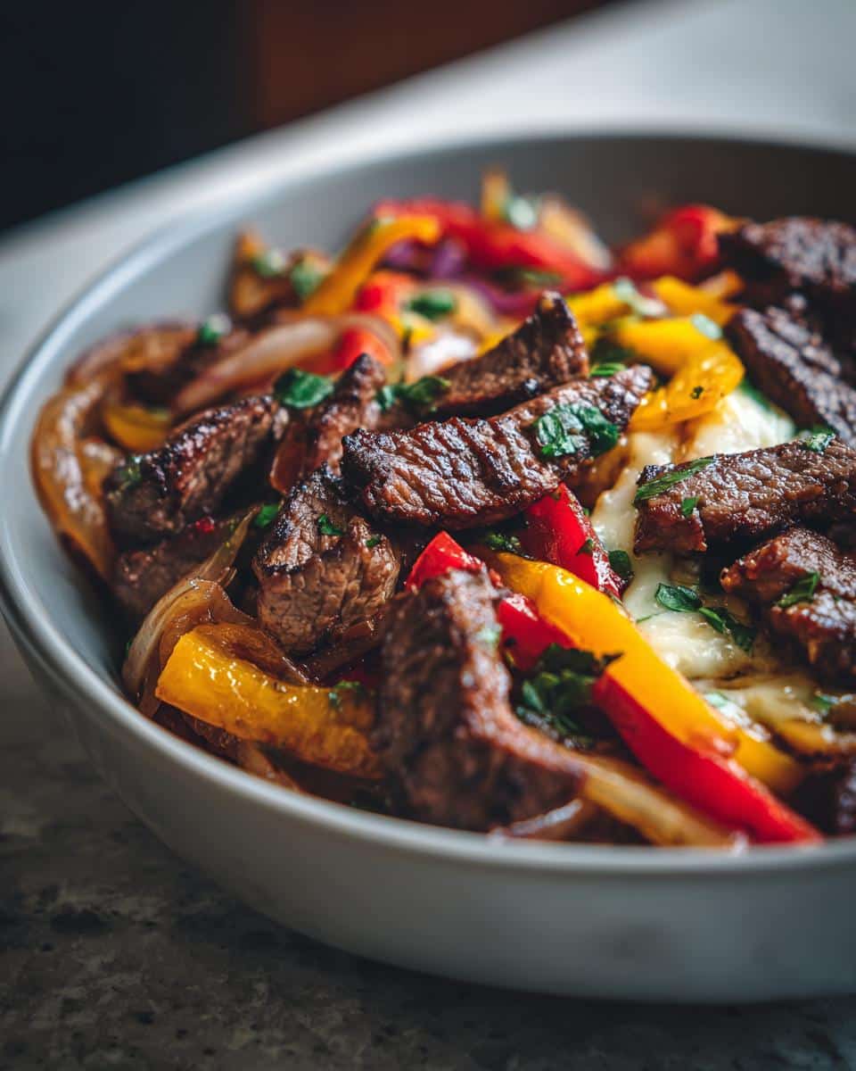 A close-up of a Philly Cheesesteak Bowl filled with sliced steak, melted cheese, red and yellow bell peppers, and onions.