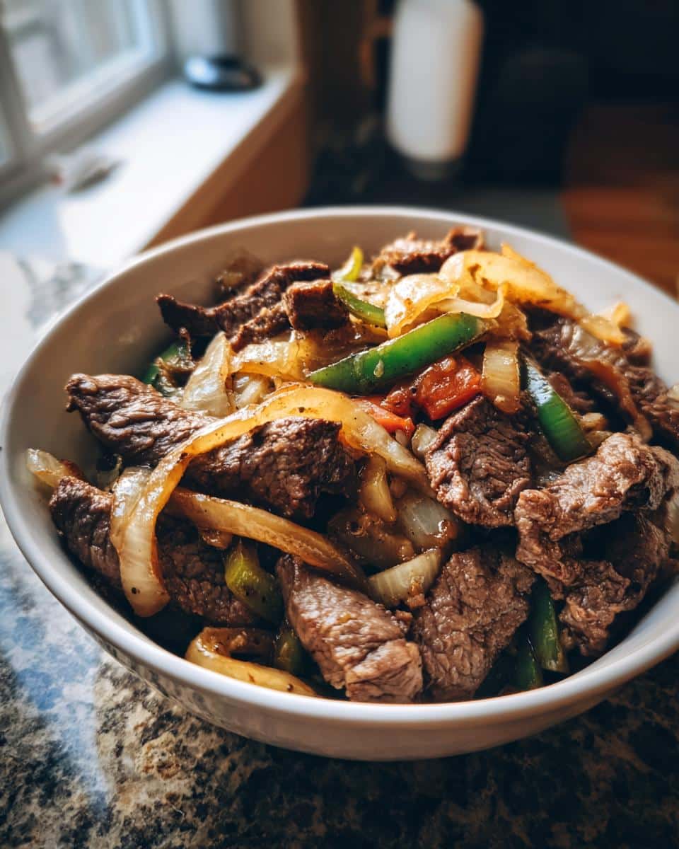 A close-up of a Philly Cheesesteak Bowl filled with tender steak, sautéed onions, and green bell peppers.