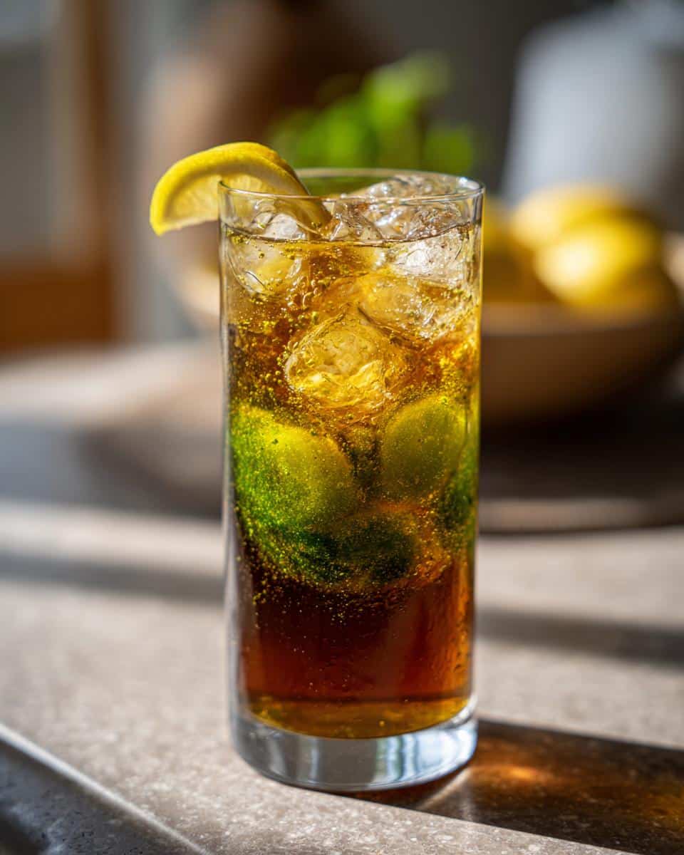 Icy pickle juice cola in a tall glass with lemon wedge and lime.