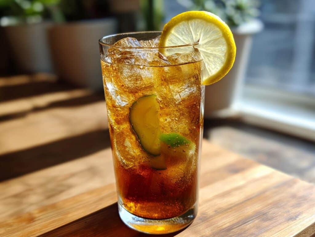 Iced pickle juice cola in a glass with lemon and pickle garnish.