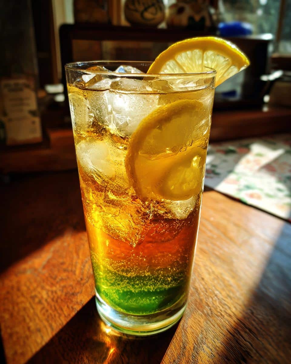 A glass of pickle juice cola with ice and lemon slices, showing a layered green and cola effect.