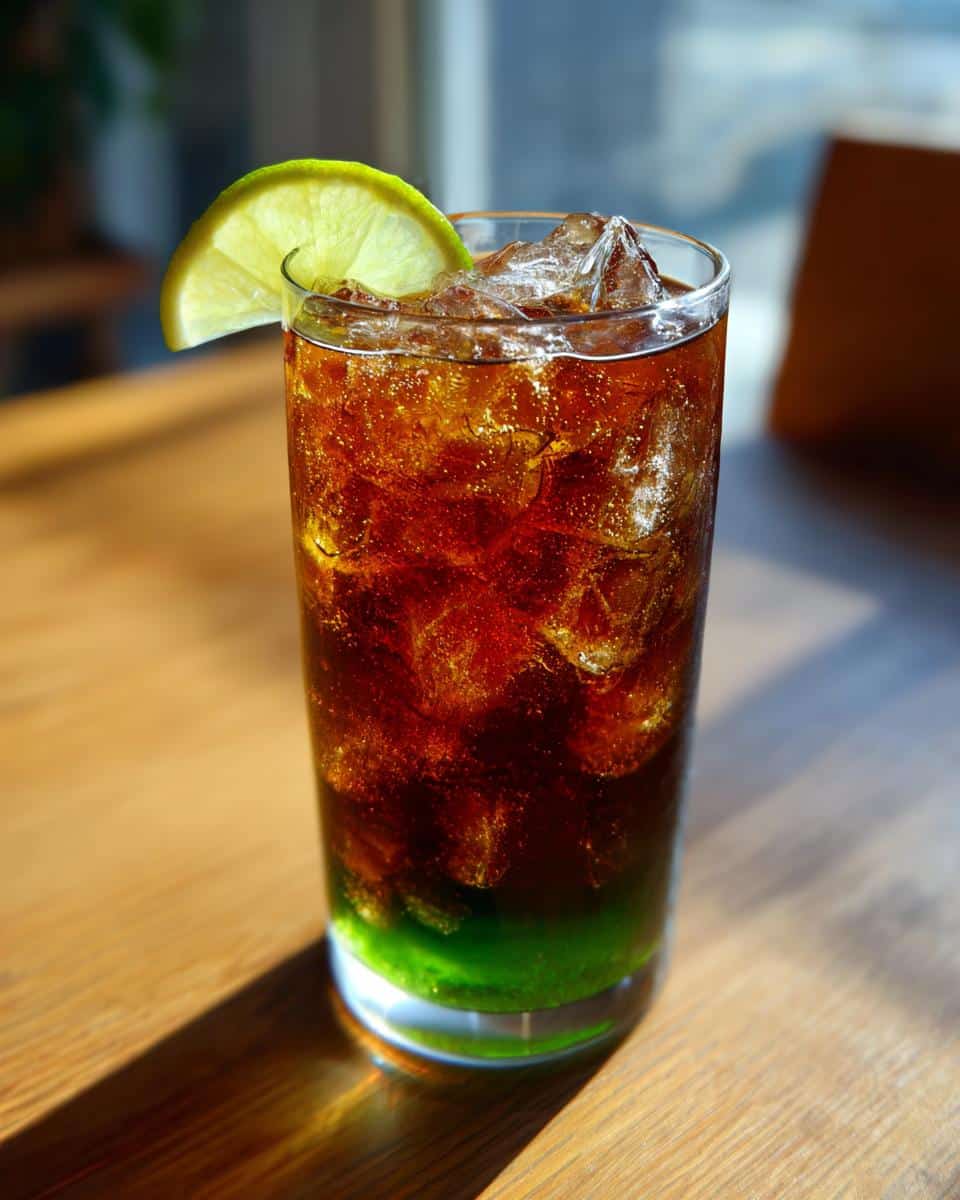 Icy pickle juice cola in a glass with a lime wedge garnish. A unique and refreshing drink.