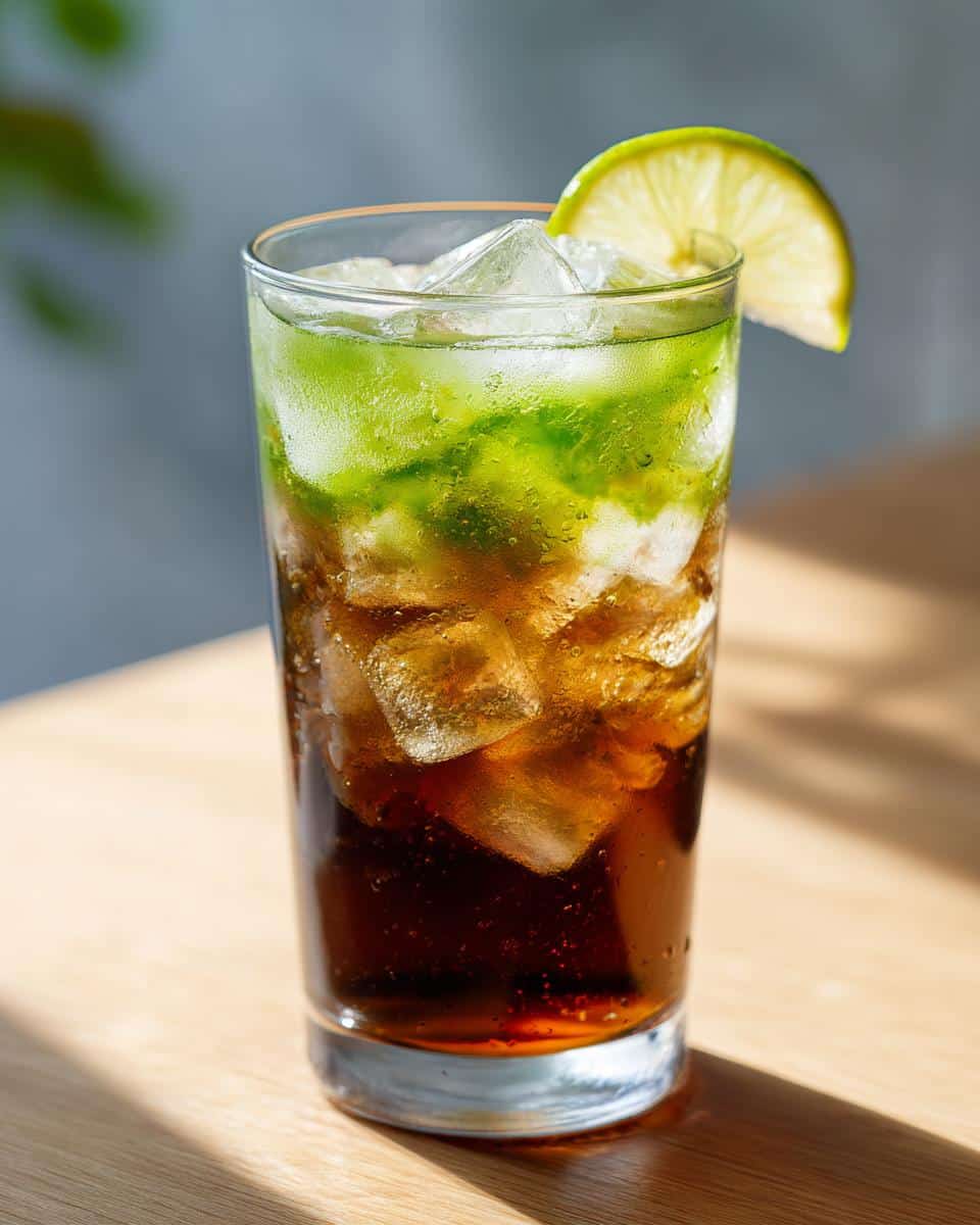 Iced pickle juice cola in a glass with a lime wedge. A unique and refreshing beverage.