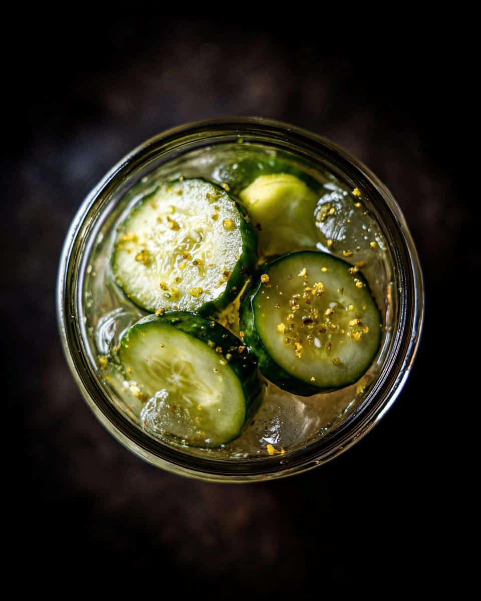 Overhead shot of a Pickle margarita in a glass jar, garnished with cucumber slices and spices.