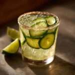 A refreshing Pickle margarita with ice, pickle slices, and lime wedges. Rim is salted.