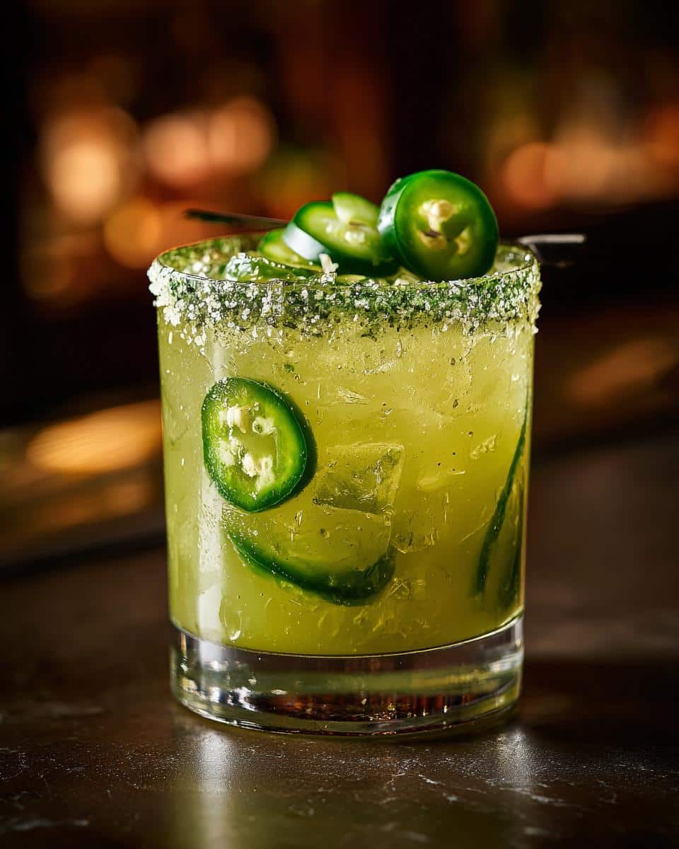 A refreshing Pickle margarita garnished with jalapeno slices and a salted rim. Perfect for a spicy cocktail.