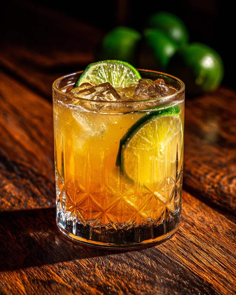 A vibrant Pickle margarita in a glass with ice and lime slices on a wooden surface.