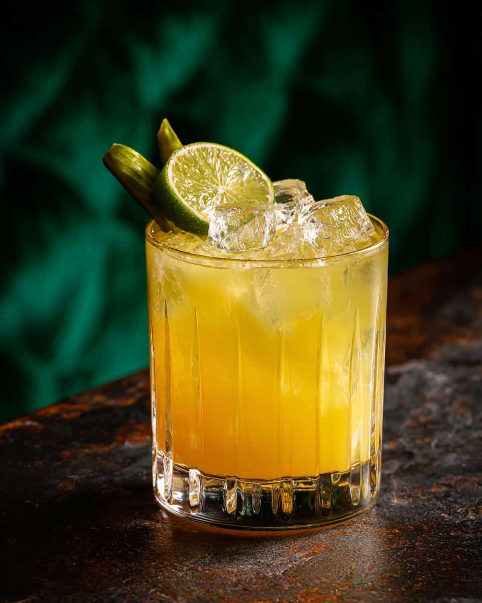 Icy Pickle margarita in a glass with a lime wedge and pickle spear garnish.