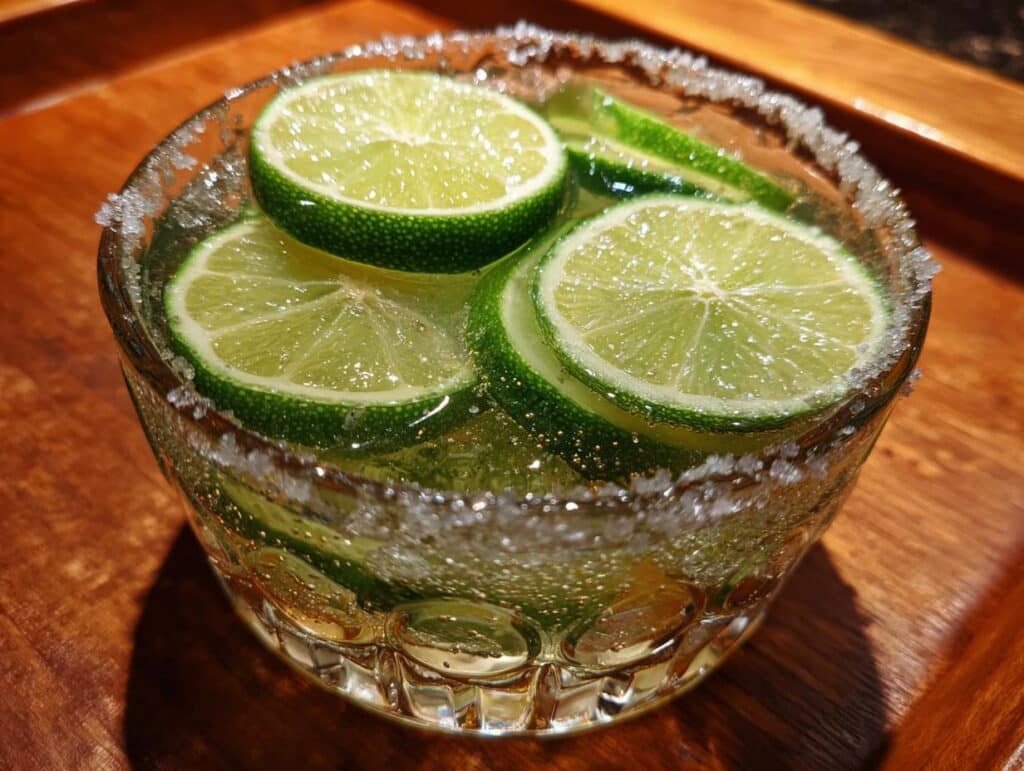 A close-up of a Pickle margarita in a salt-rimmed glass, garnished with fresh lime slices.