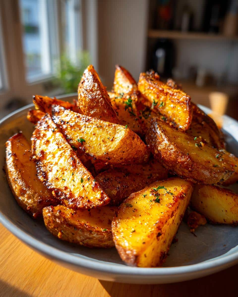 A close-up of perfectly potato wedges baked, seasoned with herbs and spices, piled high on a plate.