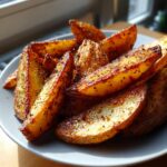 A close-up of perfectly baked potato wedges, seasoned with spices and salt, on a grey plate.