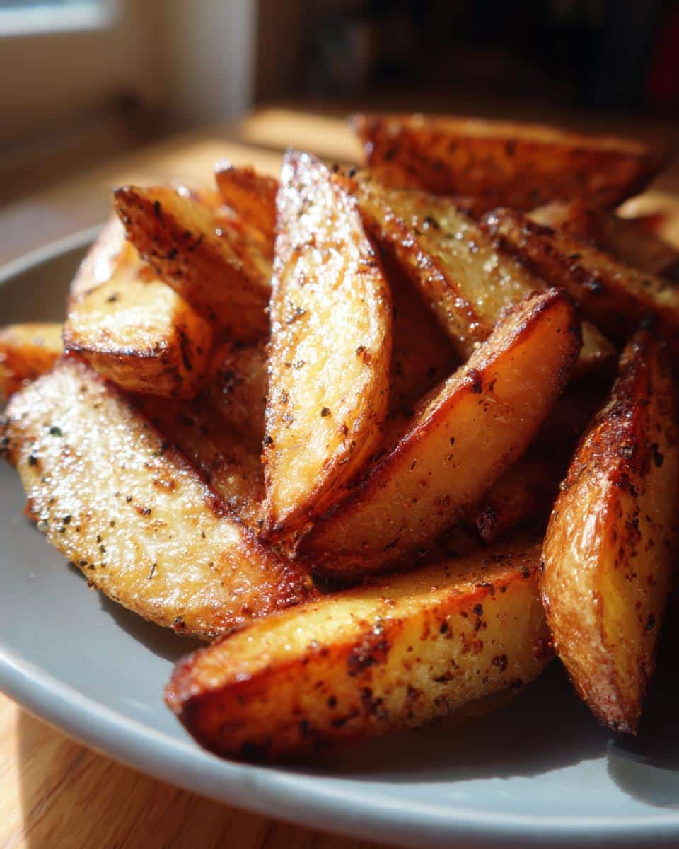 A close-up of golden-brown potato wedges baked to perfection, seasoned with herbs and spices.