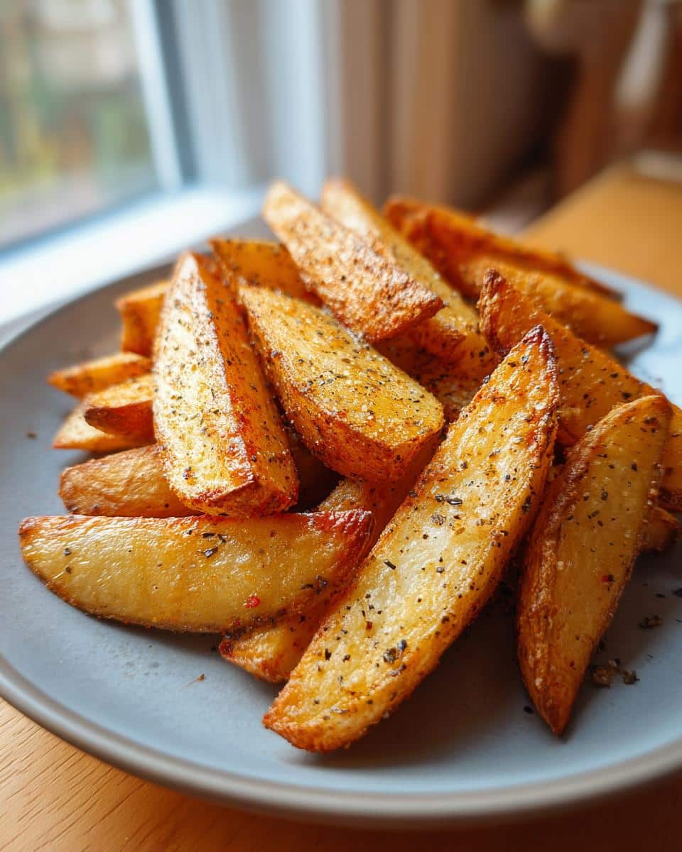 A close-up of perfectly potato wedges baked, seasoned with herbs and spices, piled on a grey plate.